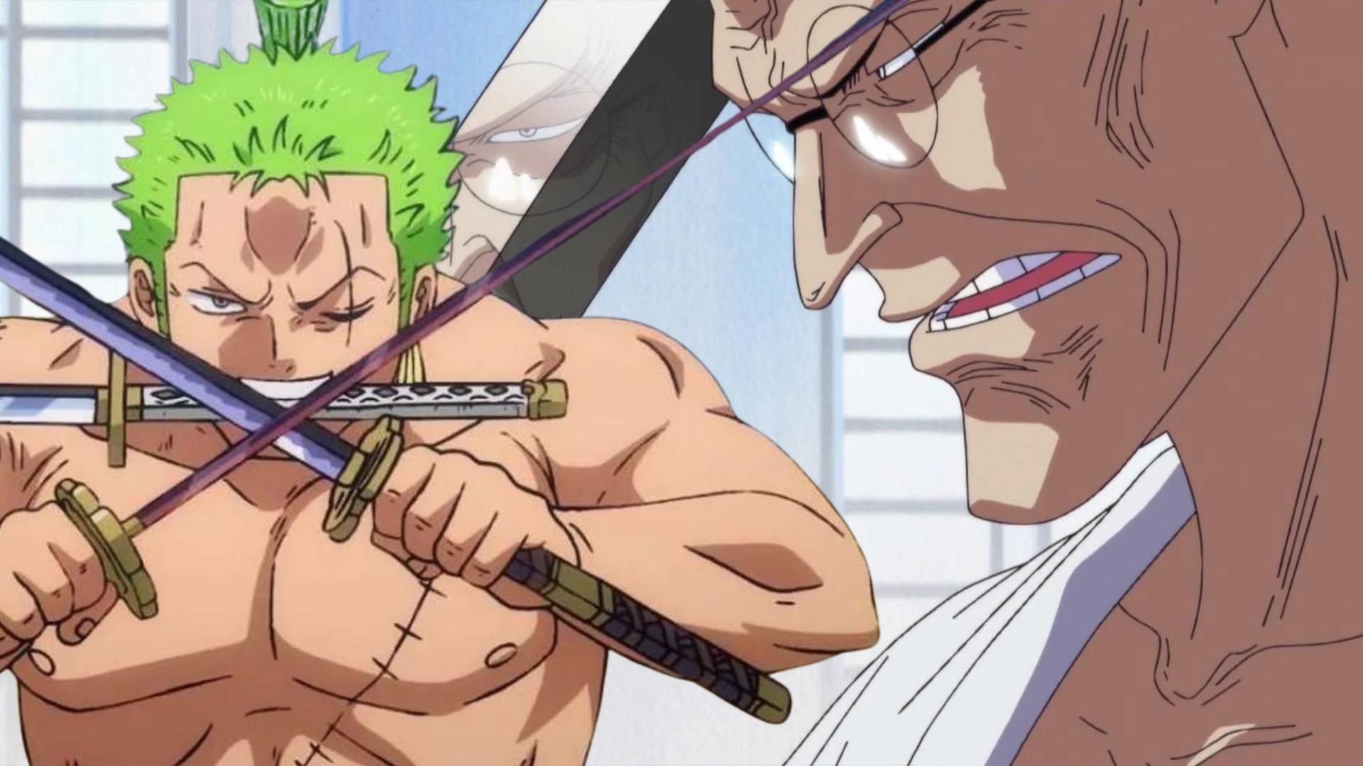 Zoro ready to fight with all his three swords with a background of Nusjuro looking over Zoro