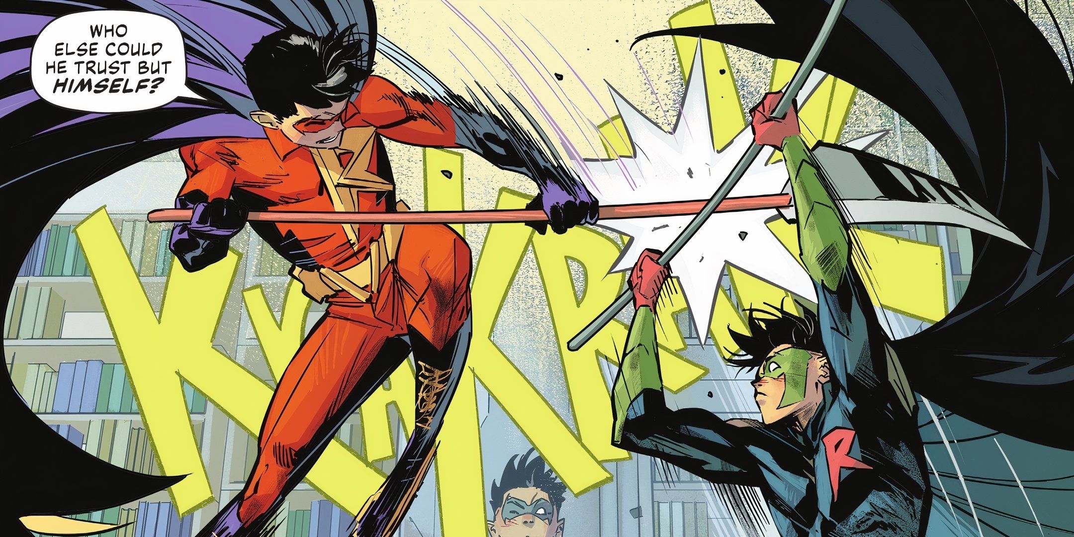 Painel de quadrinhos: Zur-En-Arrh Robin luta contra Robin Tim Drake com um bastão laminado.