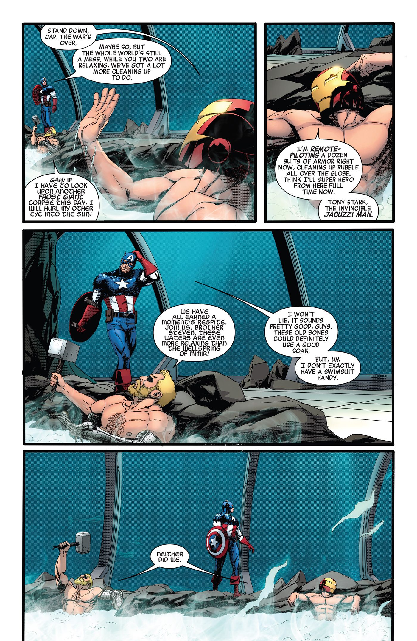 Tony tries to get Steve to relax in the hot tub in Avengers #21.