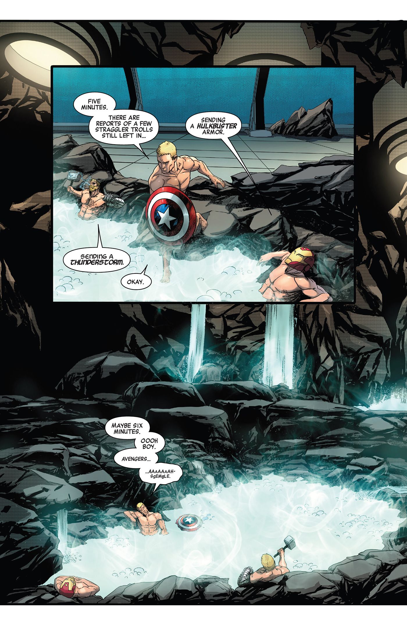 Steve finally joins Thor and Tony in the hot tub.