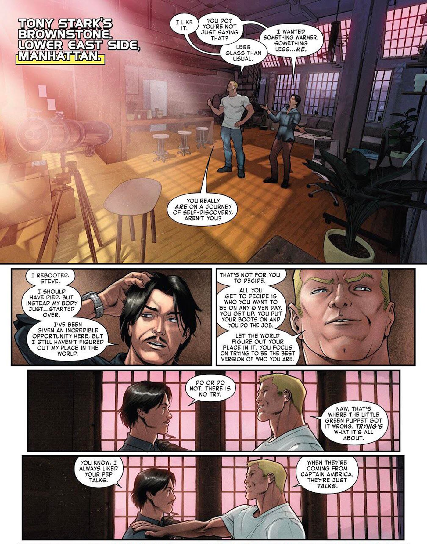 Panels from Captain America/Iron Man #2. Steve Rogers gives Tony Stark a pep talk about finding his place in the world.