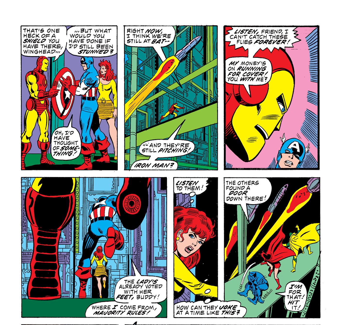 Panels from Avengers (1963) #144. Captain America and Iron Man quip at each other while running for their lives.