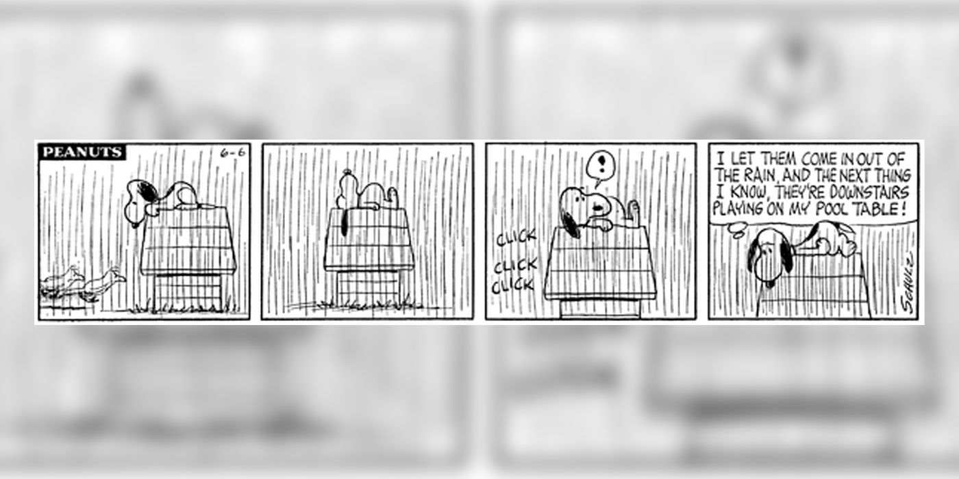 Birds run into Snoopy's dog house, and then clicking noises appear. He knows they're playing pool down there.