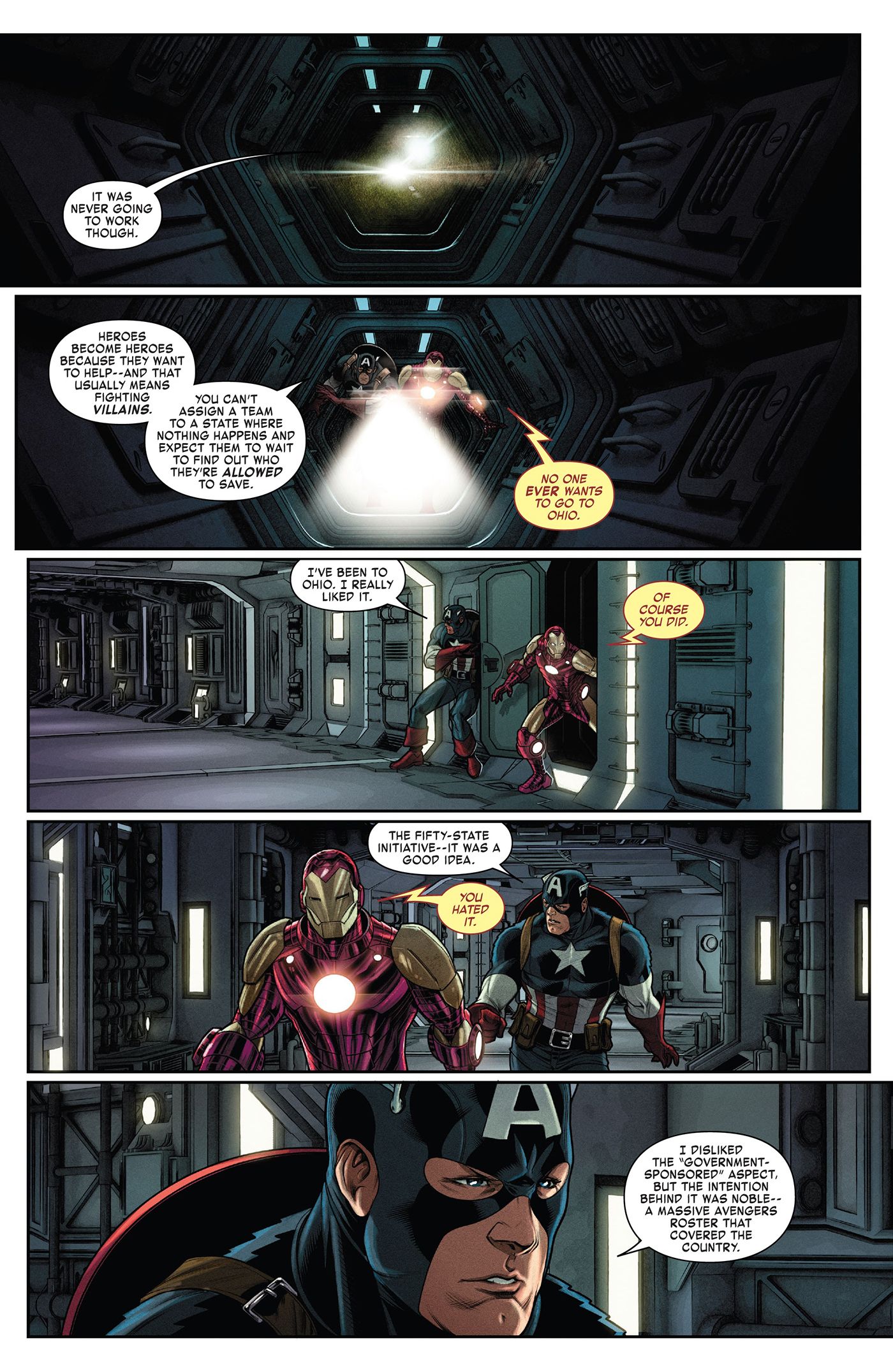 Page from Captain America/Iron Man #2. Underground, Tony and Steve talk about the 50-state initiative.