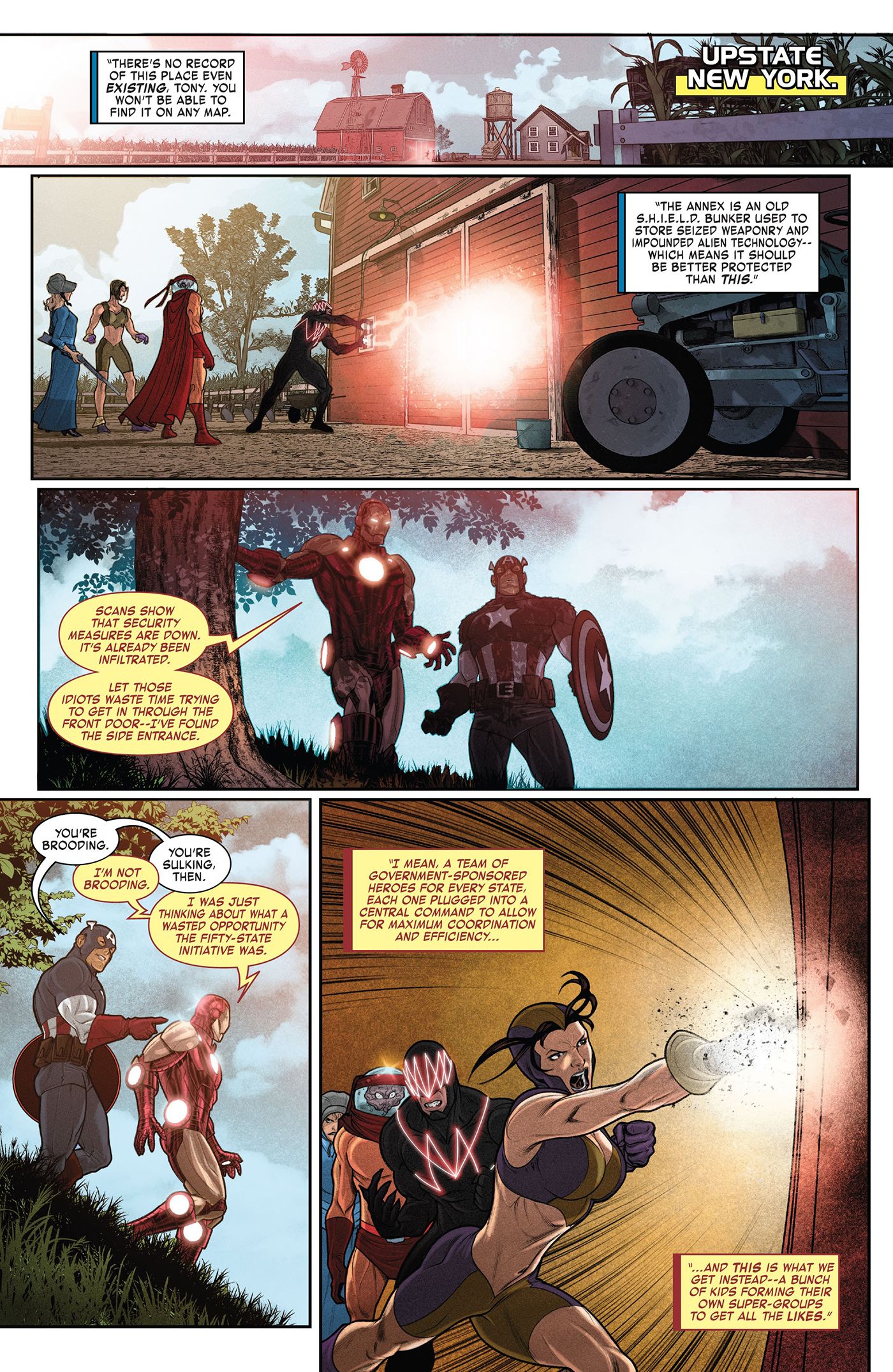 Page from Captain America/Iron Man #2. Tony and Steve investigate an old SHIELD stash together.