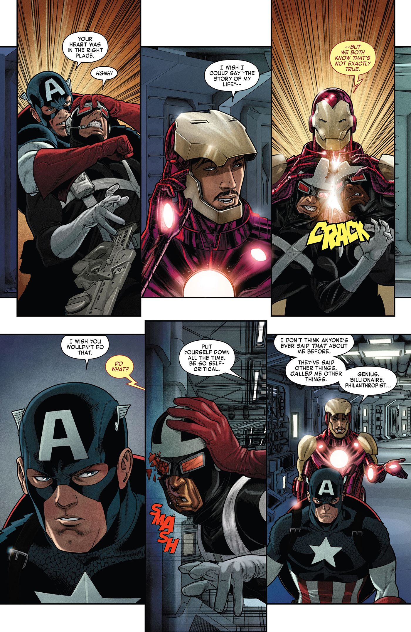 Page from Captain America/Iron Man #2. While beating up Hydra thugs, Steve and Tony say nice things about each other.