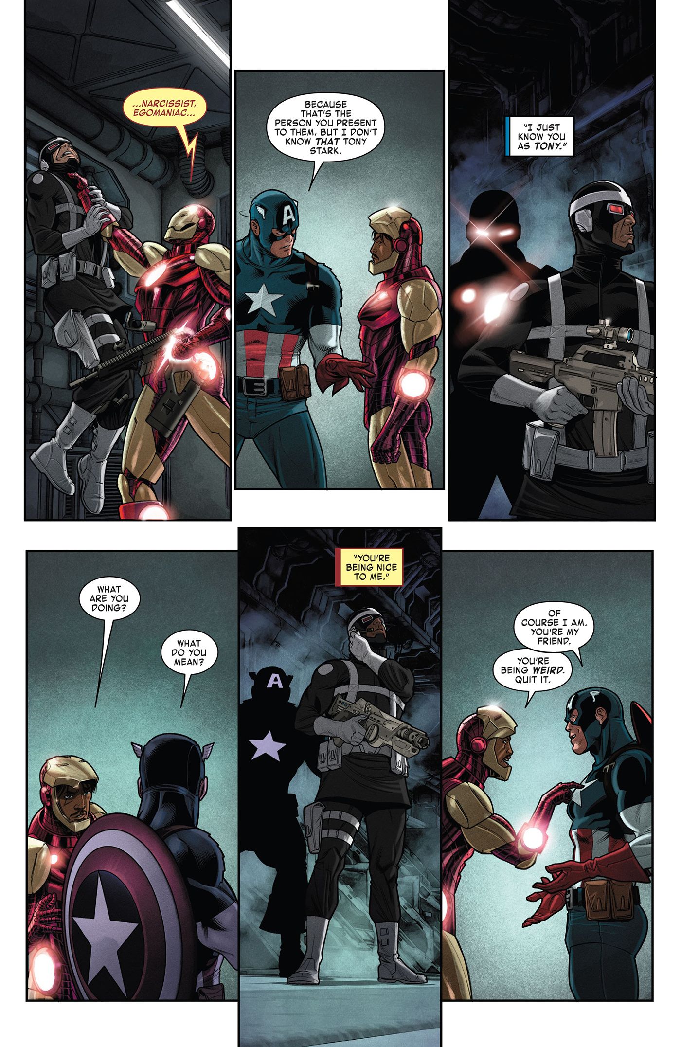 Page from Captain America/Iron Man #2. Tony asks Steve to stop being nice to him, it's weird.