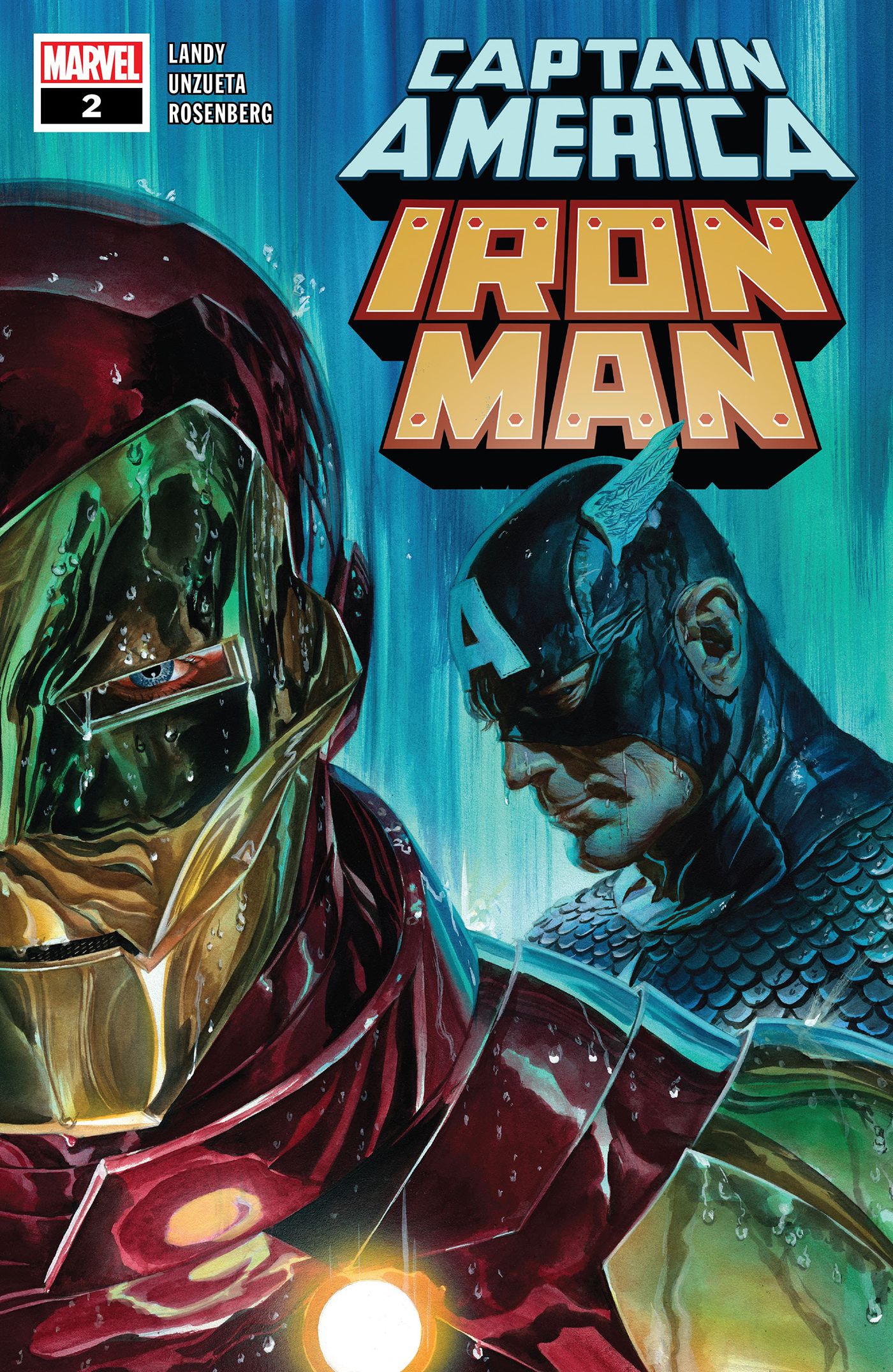 Cover of Captain America/Iron Man #2. Steve Rogers and Tony Stark look sad in the rain.