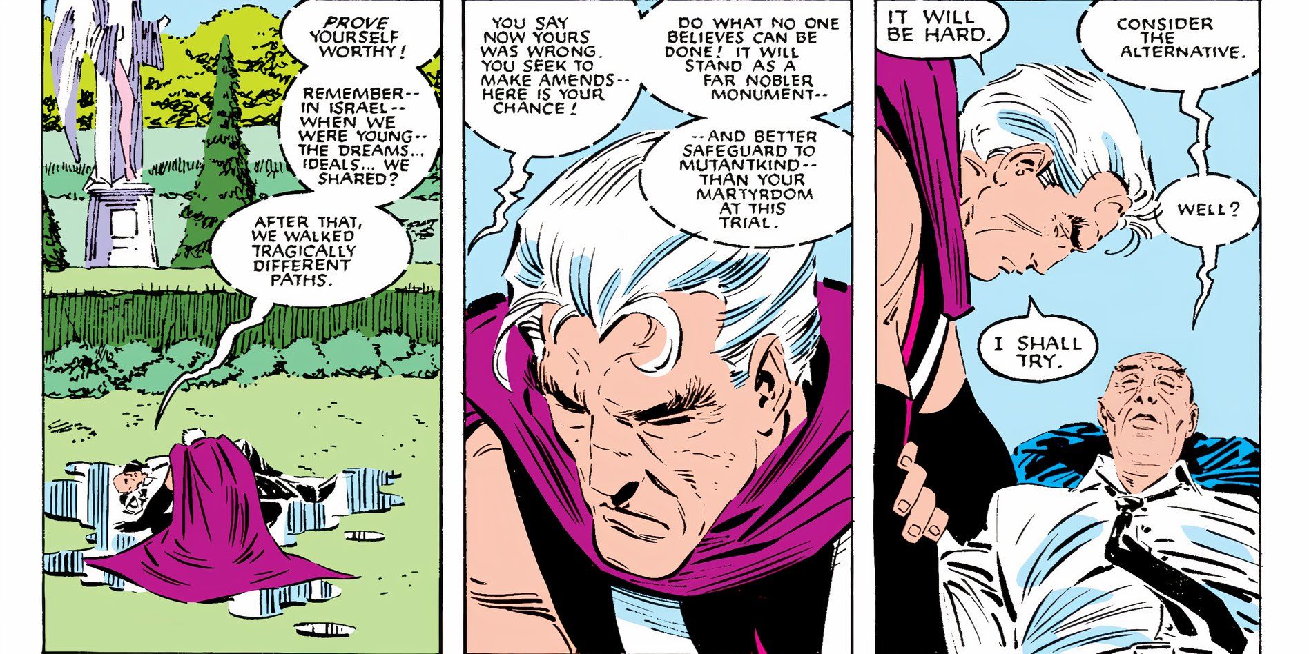 Magneto makes a promise to Charles Xavier to abandon his violent means and join the X-Men.