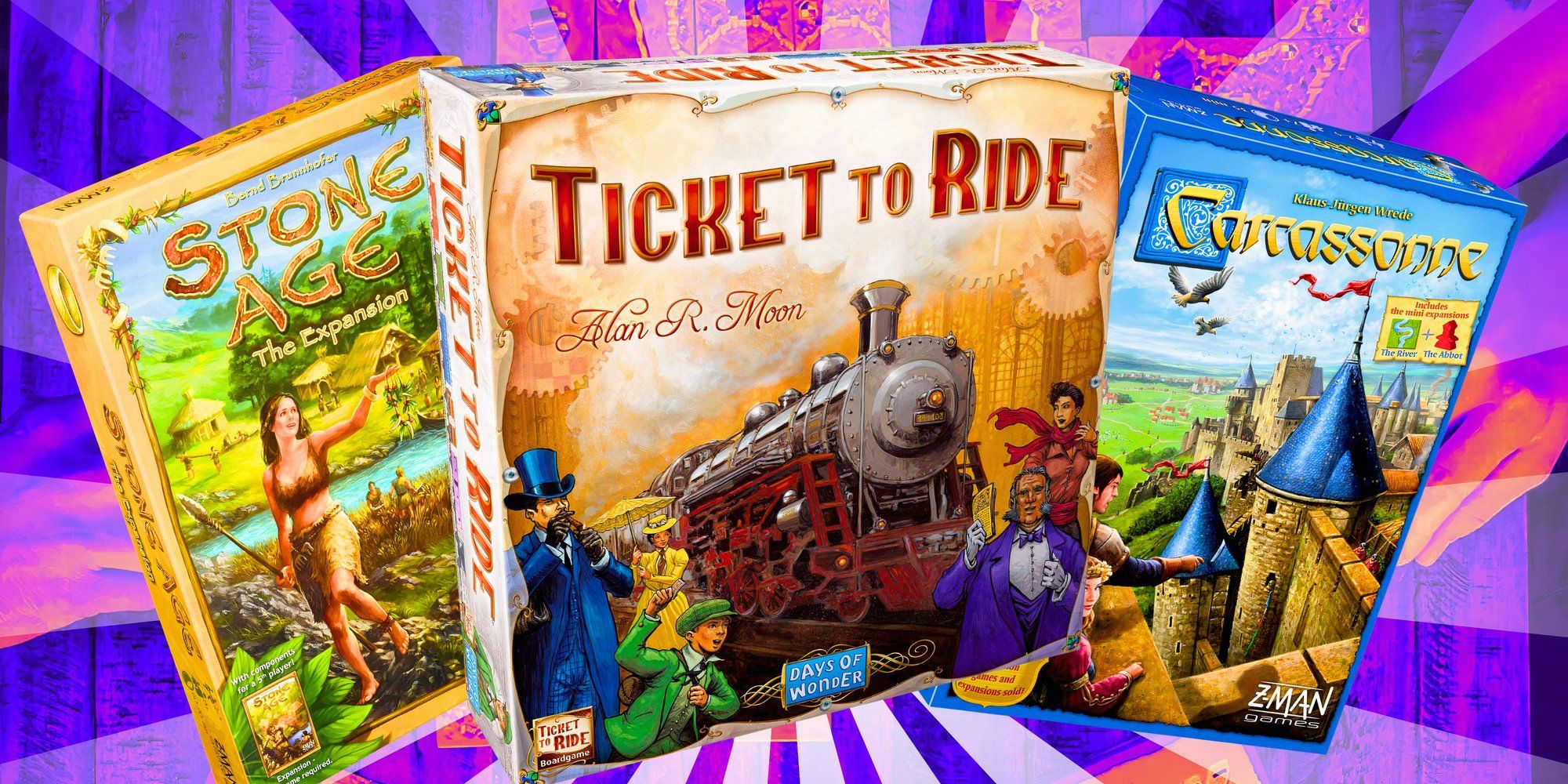 The board games: Carcassone, Ticket to Ride, and Stone Age.