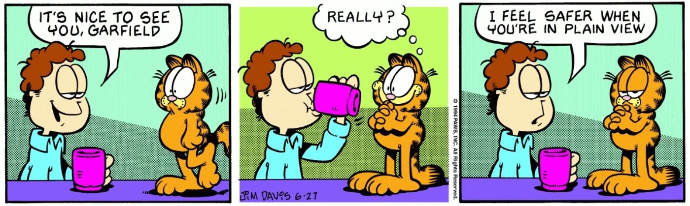 Jon dizendo a Garfield que é bom vê-lo, para que ele saiba que não está fazendo travessuras.