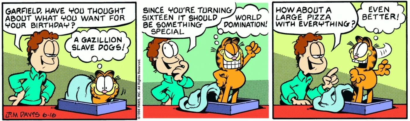 Garfield dizendo que prefere pizza do que dominar o mundo em seu aniversário.