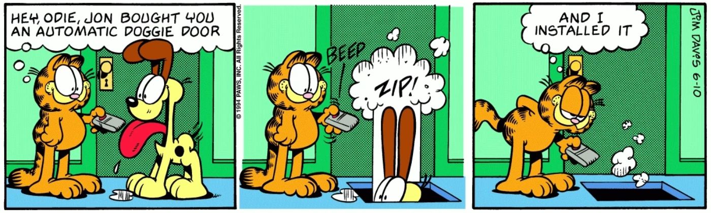 Garfield derrubando Odie por um alçapão no chão.