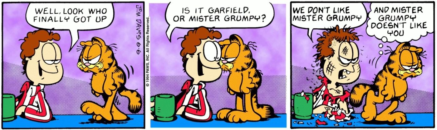 Garfield atacando Jon porque ele está cansado pela manhã. 