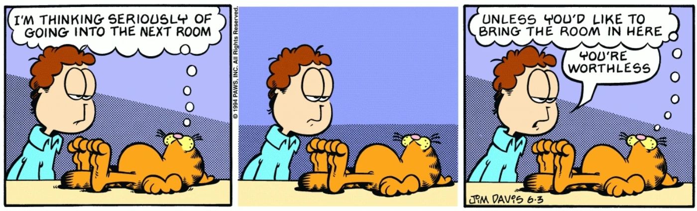 Garfield deitado de costas, preguiçoso, enquanto Jon o chama de inútil.