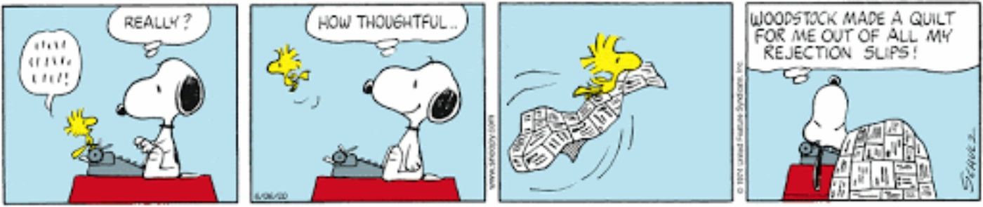 Woodstock fez de Snoopy uma colcha com suas cartas de rejeição.