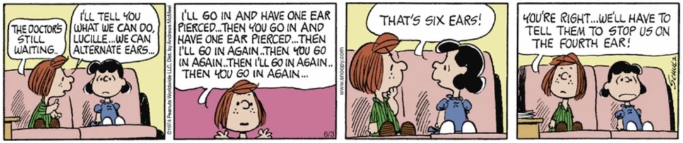 Lucy e Peppermint Patty do Peanuts conversando sobre furar as orelhas.