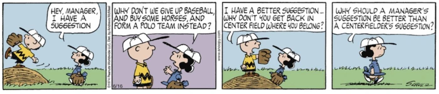 Charlie Brown dizendo a Lucy para voltar à sua posição durante um jogo de beisebol.