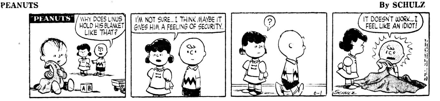 Charlie Brown asking Lucy why Linus has a blanket in a Peanuts comic strip.