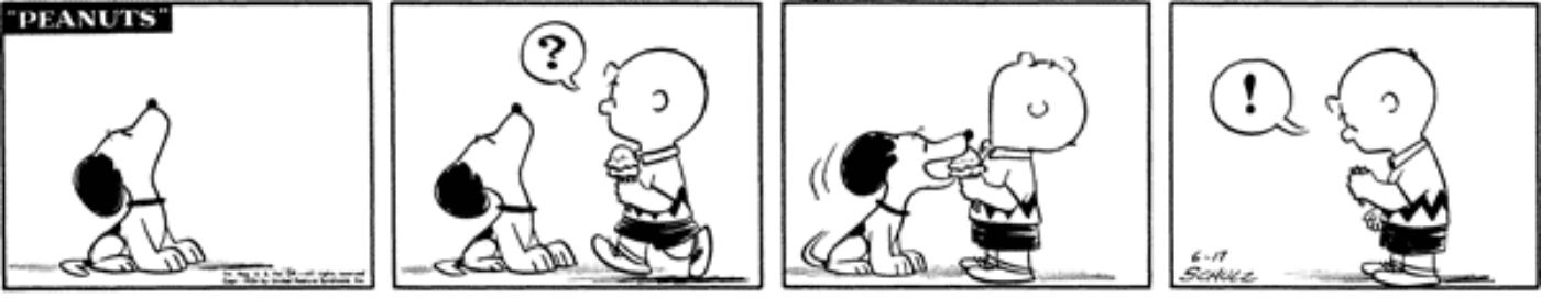Snoopy stealing Charlie Brown's ice cream.