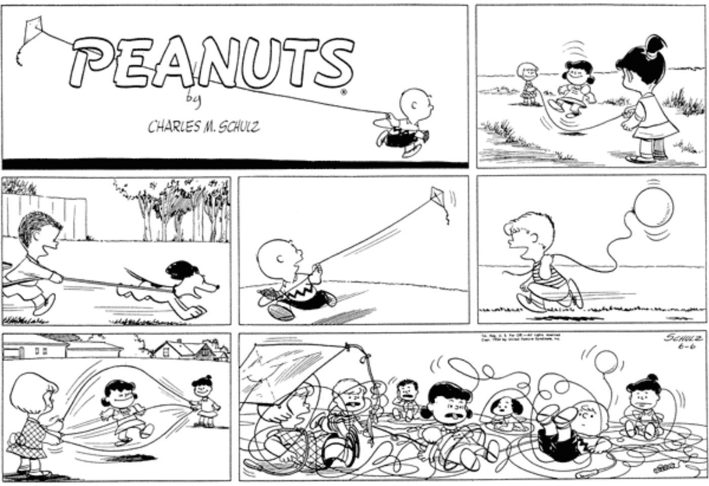The Peanuts gang getting tangled up in each other's games.