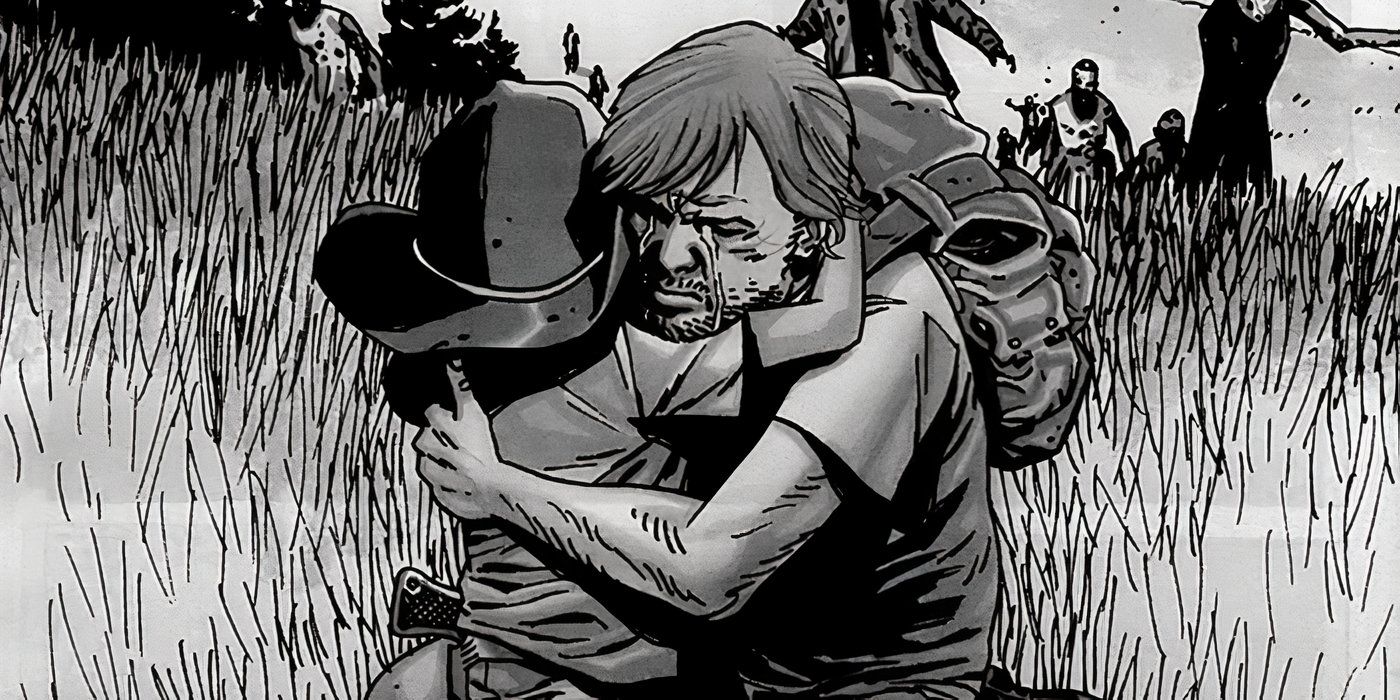 Rick abraçando Carl enquanto zumbis se aproximam deles na história em quadrinhos de The Walking Dead.