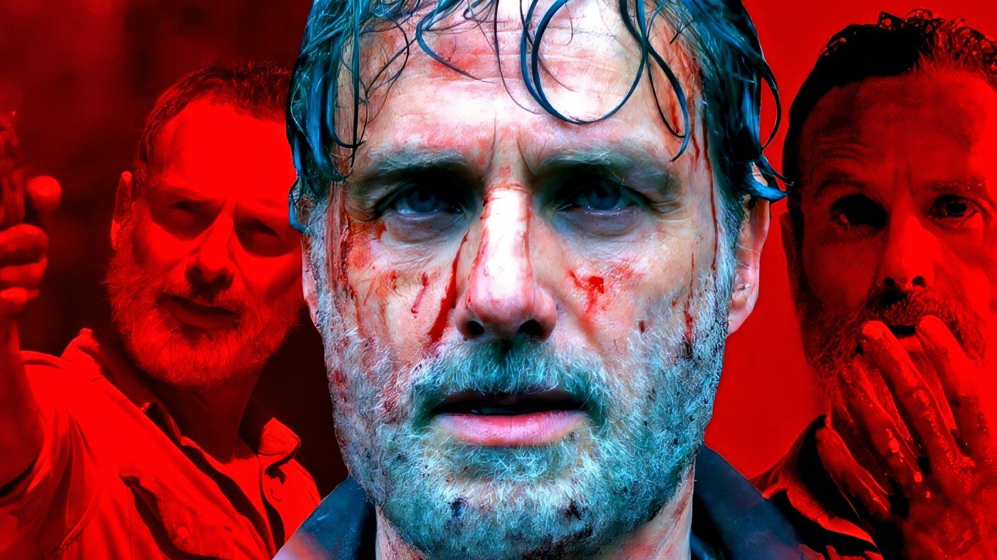 Rick Grimes with two versions of himself behind him, drenched in red, from The Walking Dead.