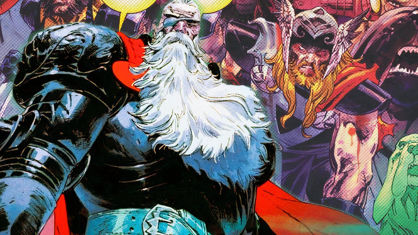 Odin com sua longa barba branca, tapa-olho e capa vermelha com Thor agachado atrás dele.