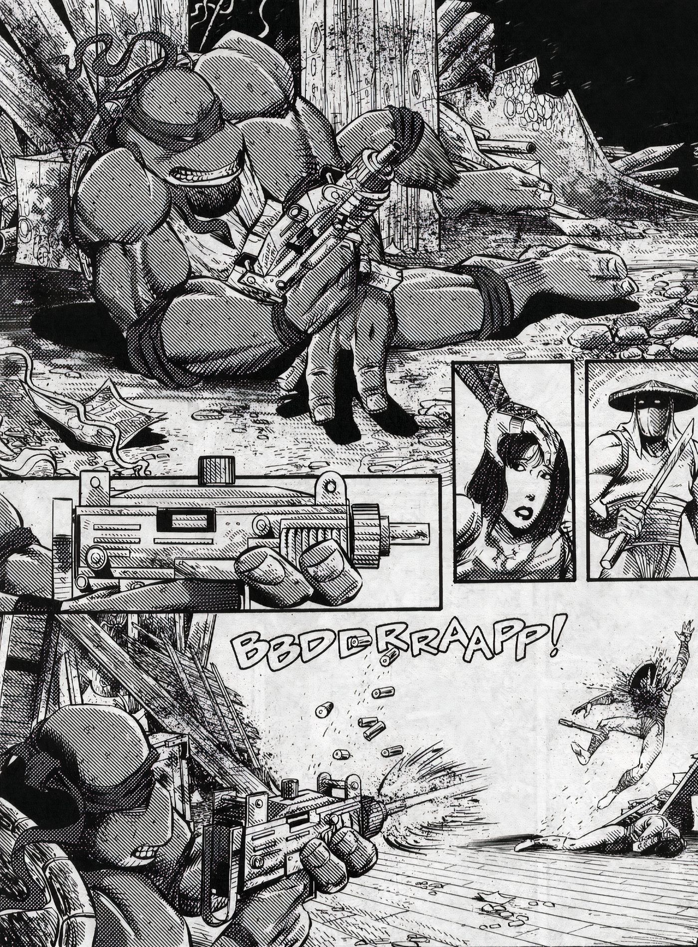 Raphael usando uma arma para matar um soldado do Clã de Elite em TMNT.