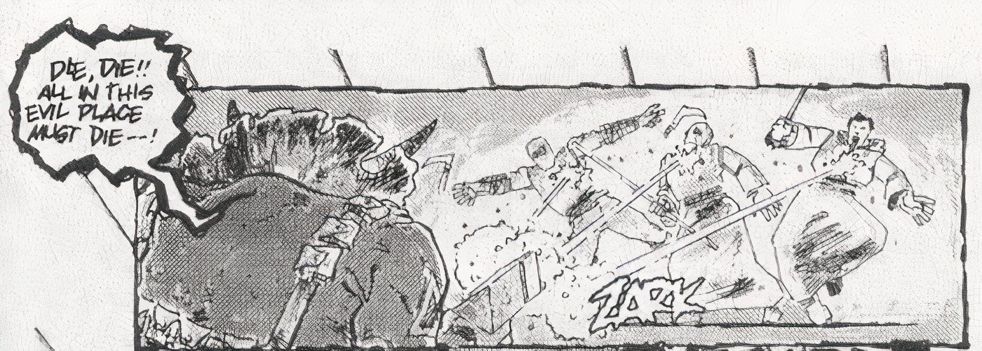 O aliado Triceraton de TMNT atirando em uma sala cheia de soldados do Clã do Pé.