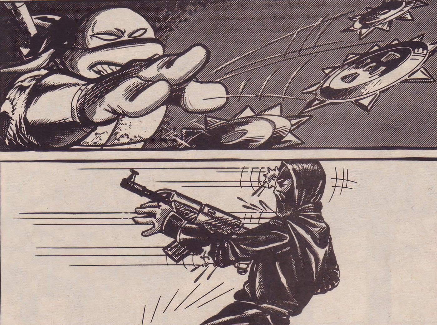 Leonardo, de TMNT, atirando uma shuriken em um ninja segurando uma metralhadora, acertando-o bem na testa.