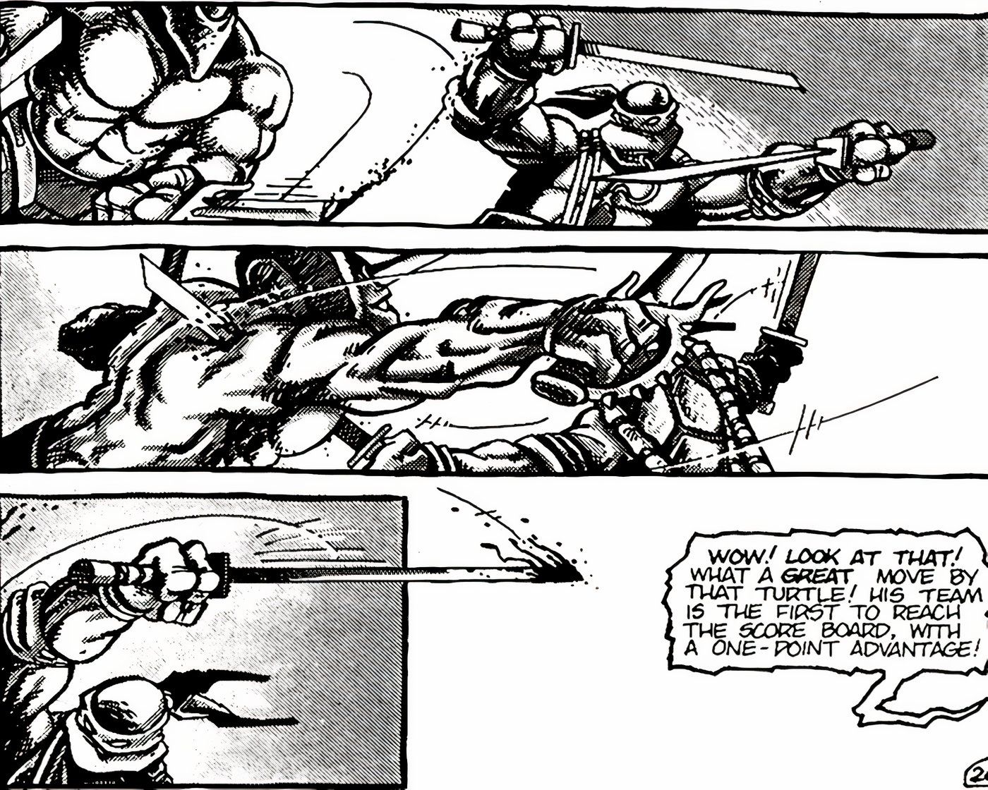 Leonardo de TMNT matando um tricerátopo antropomórfico com sua espada.