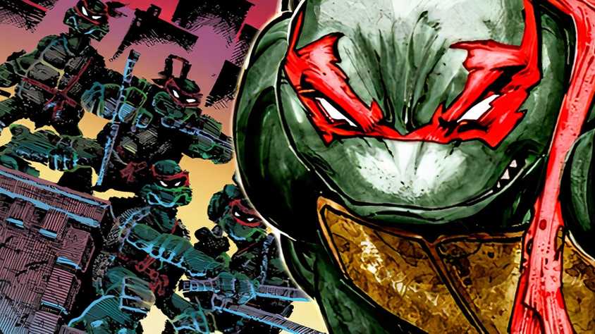 The original TMNT standing behind the modern version of Raphael.