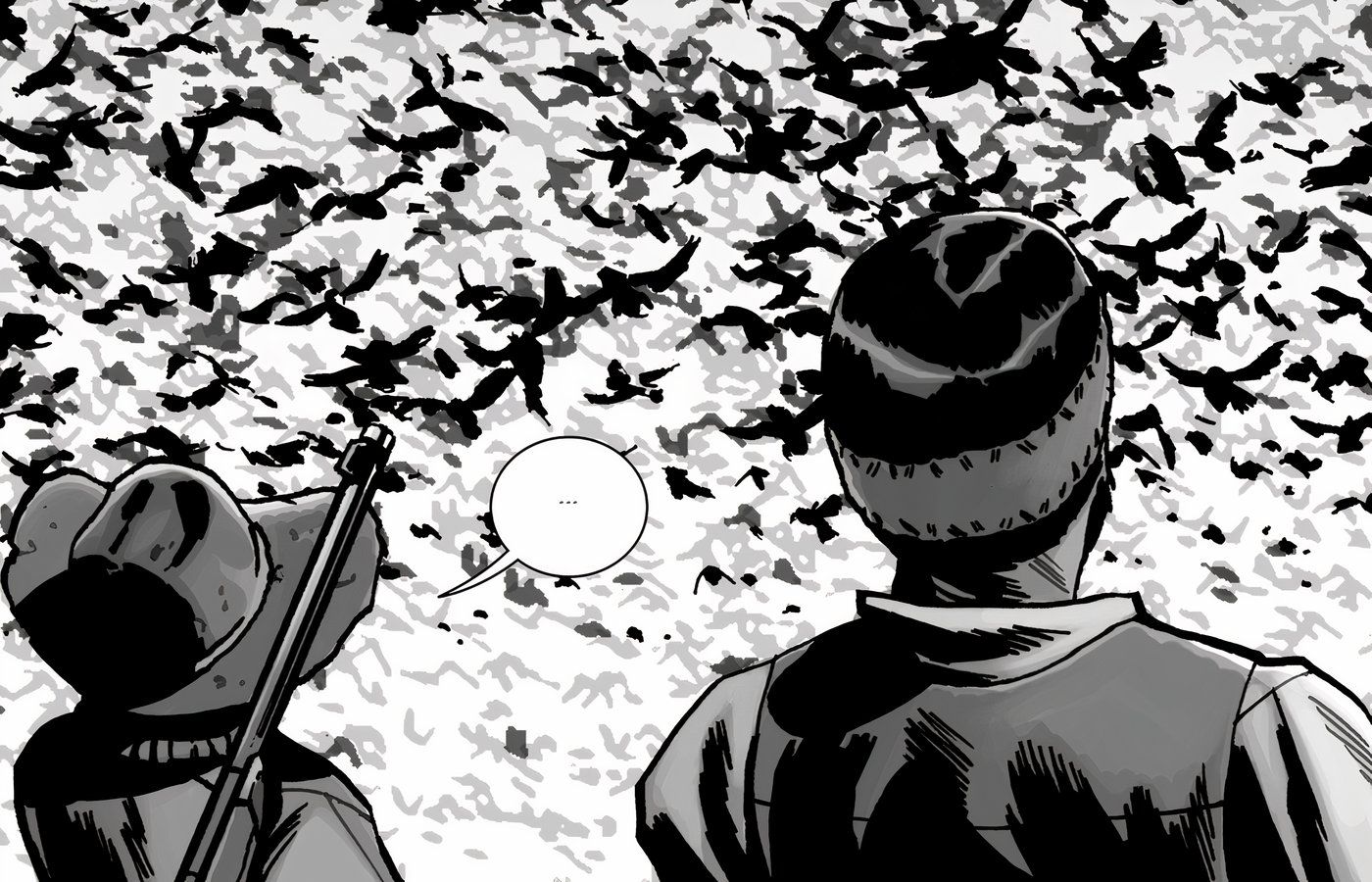 Carl y Lydia observan una gran bandada de pájaros en el cielo en el cómic de The Walking Dead.