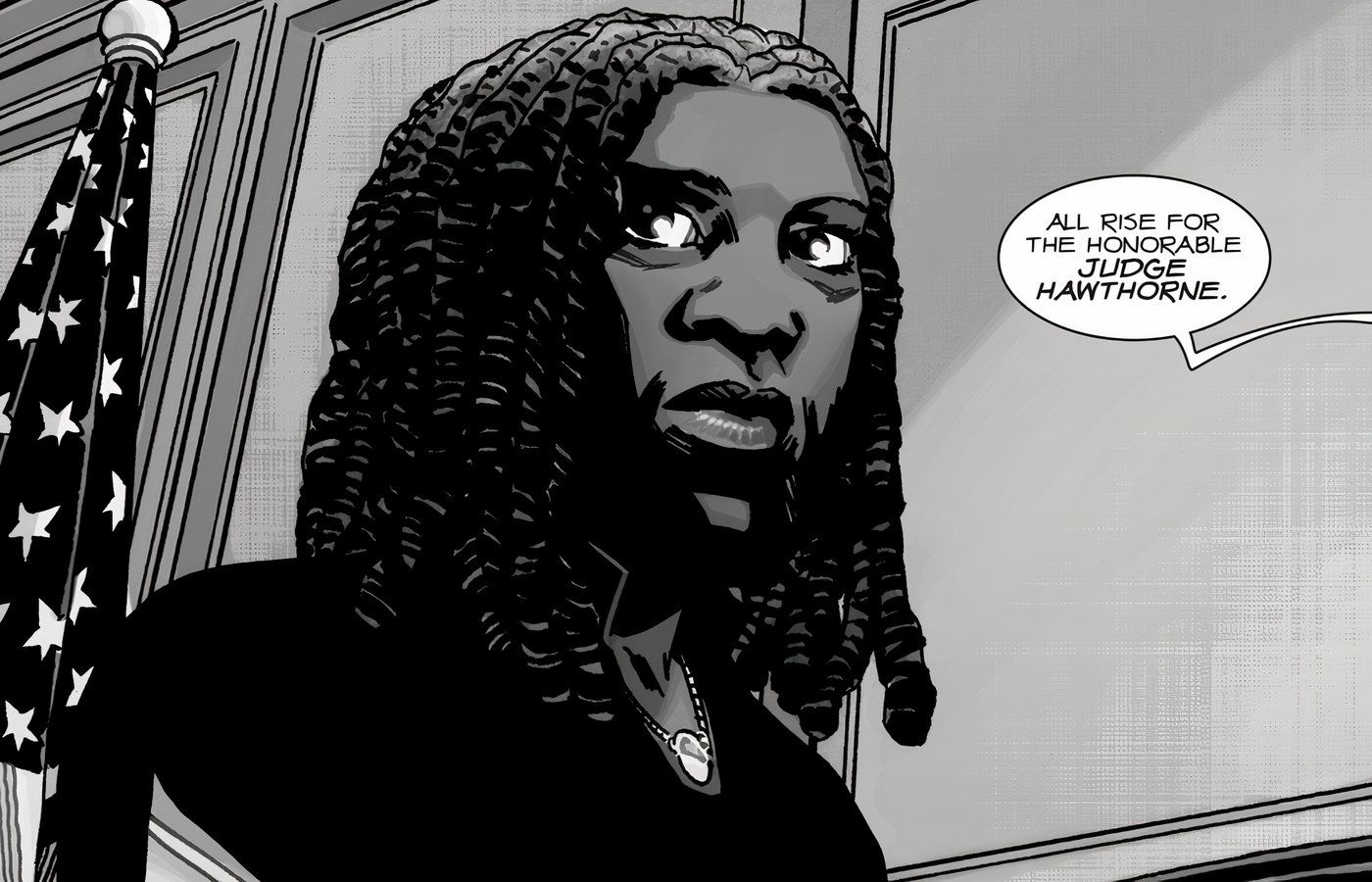 The Walking Dead's Michonne ending her story as the highest judge in the land, Judge Hawthorne.