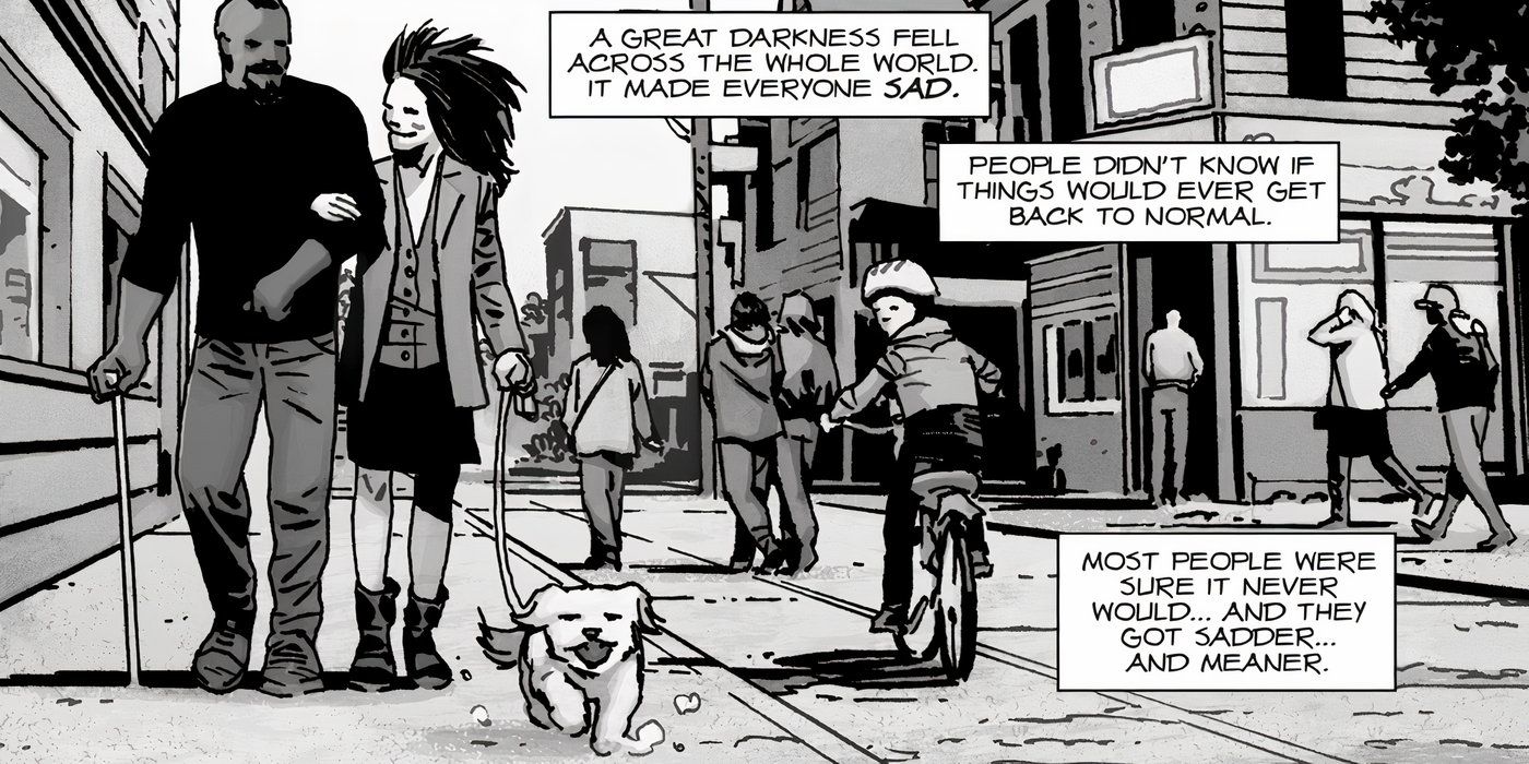 Princess walking her dog in the streets of the Commonwealth in The Walking Dead comic.