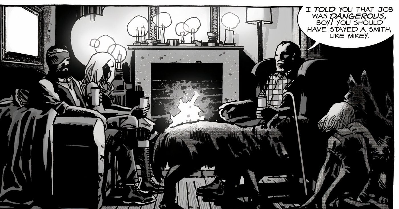 Earl Sutton se sienta con Carl Grimes junto a su chimenea en el cómic de The Walking Dead.