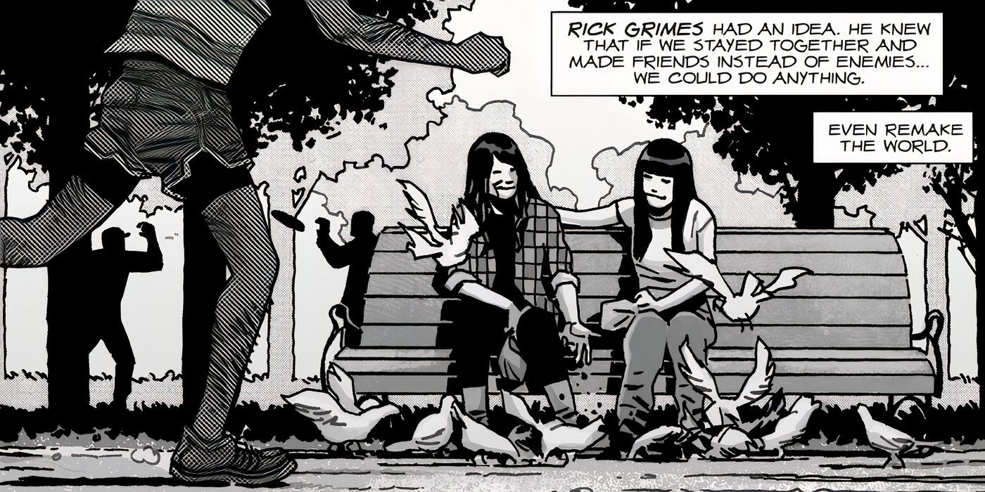 A couple feeding pigeons in the park in The Walking Dead comic.