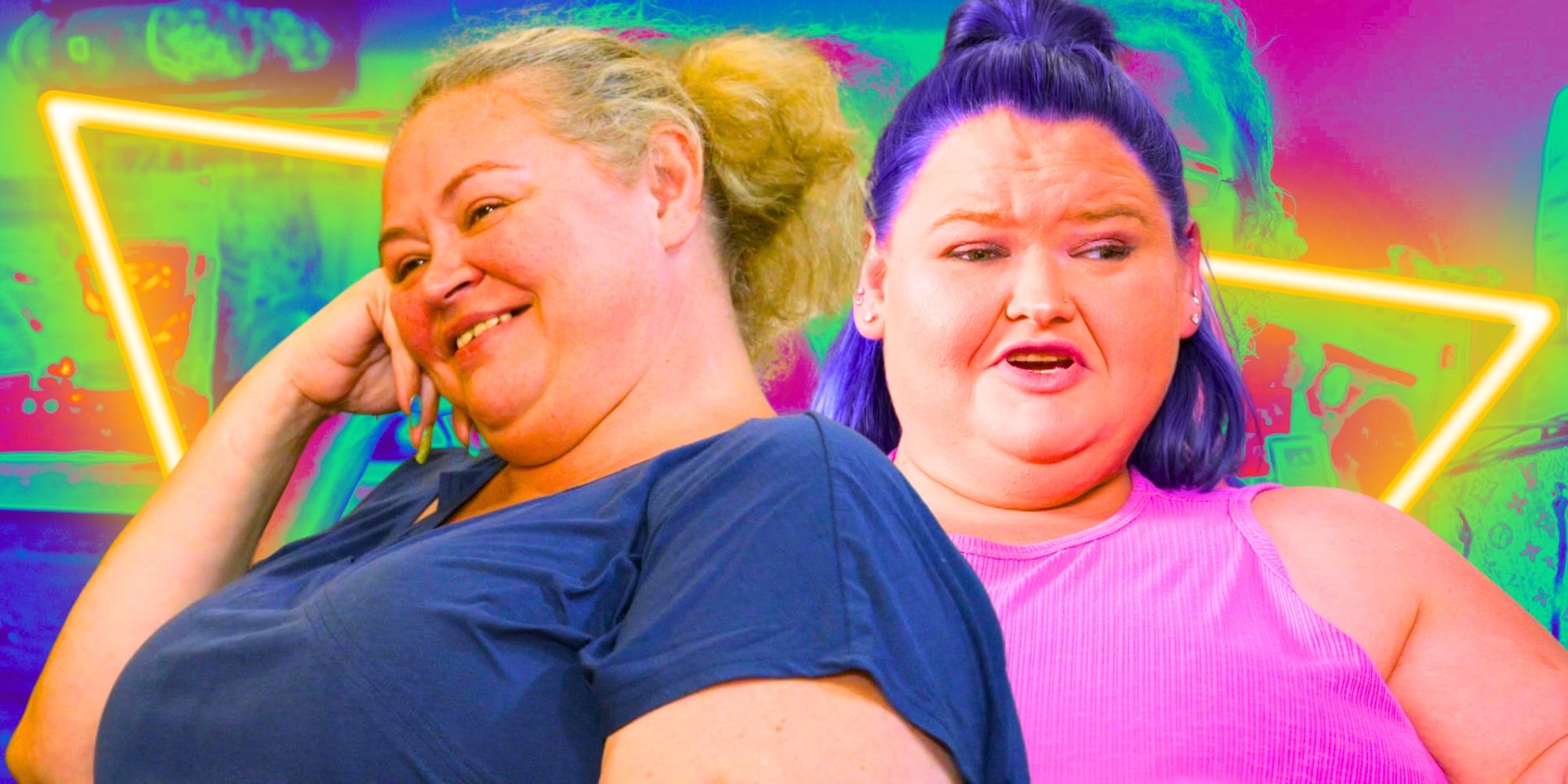 1000-Lb Sisters' Amy Slaton looks upset &amp; Amanda Halterman smiles with her head resting on her hand.
