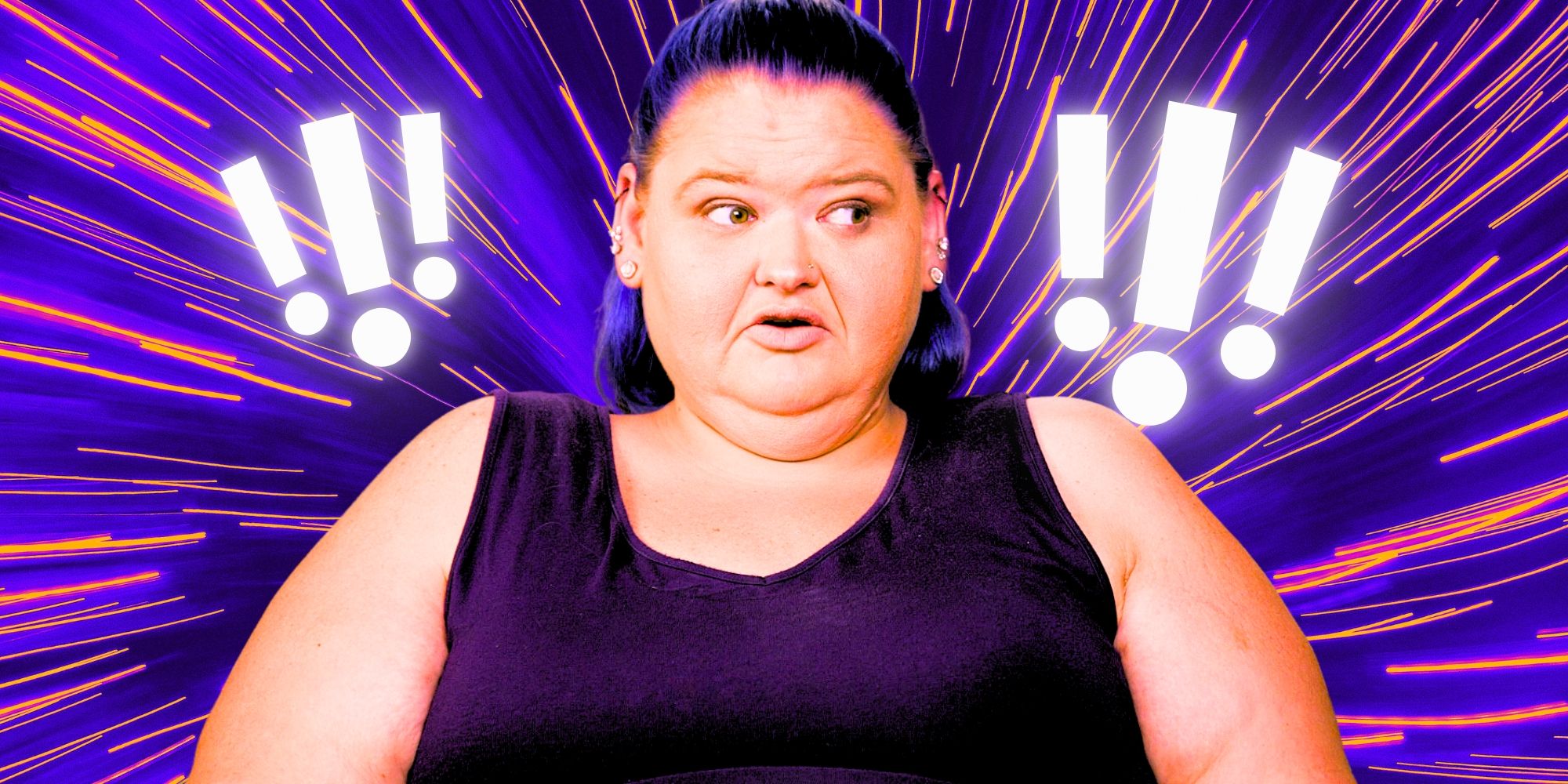 1000-lb Sisters' Amy Slaton looks off to the side with a shocked expression wearing a purple top with matching purple hair