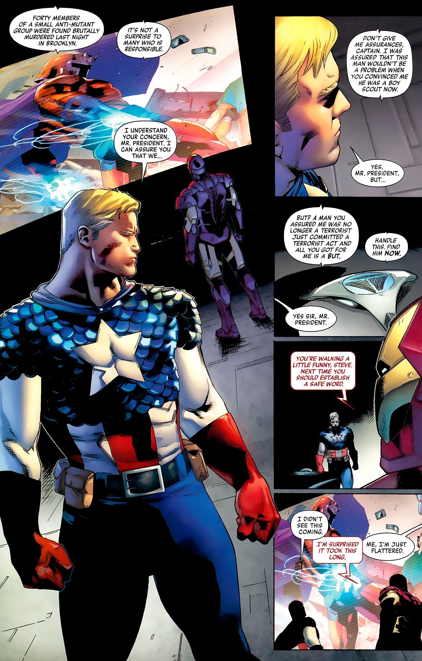 Panels of Captain America and Iron Man from Magneto: Not a Hero #1. After getting chewed out for vouching for Magneto, Captain America also receives a zinger from Iron Man.