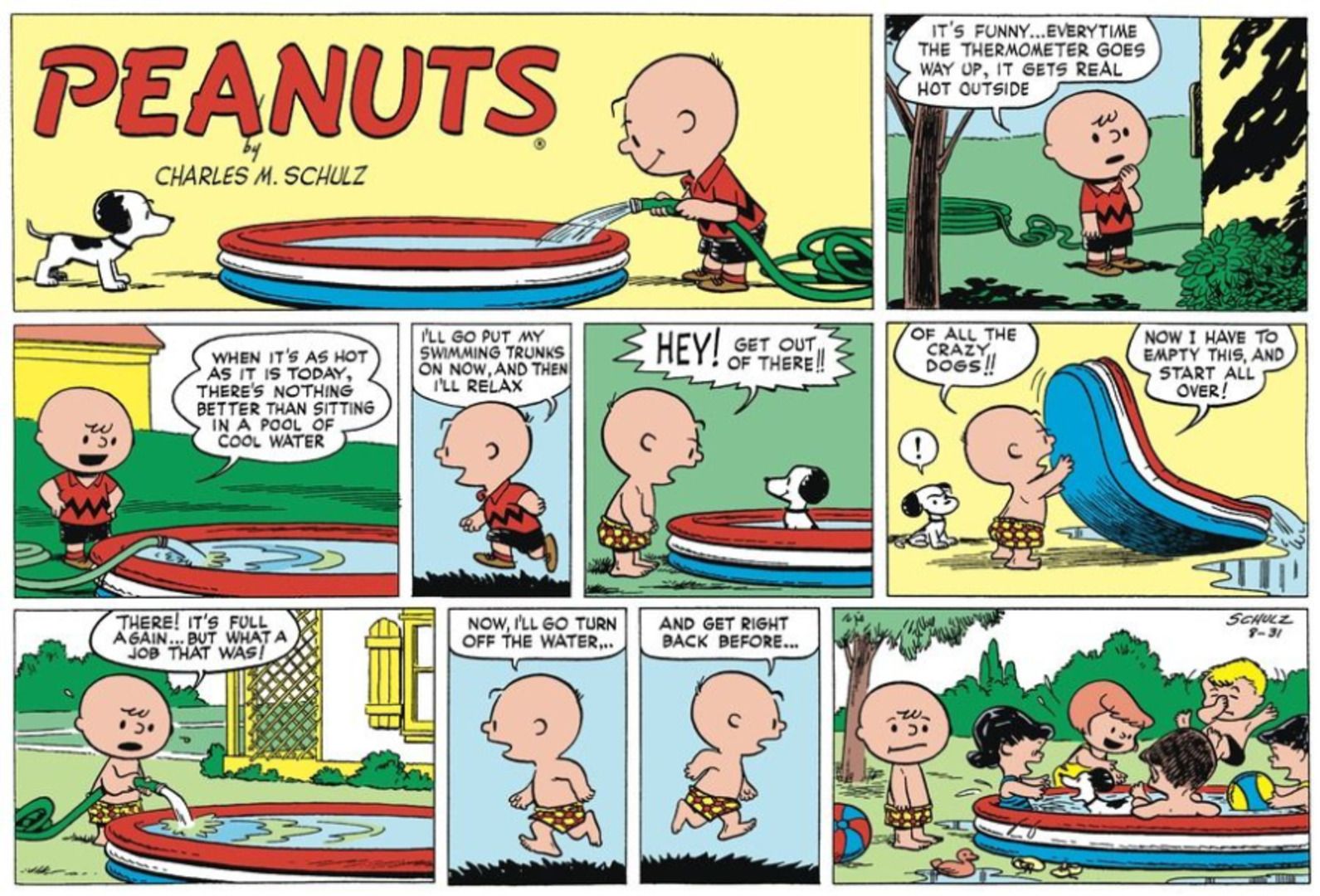 Peanuts Summer, Charlie Brown enchendo uma piscina e ela está cheia quando ele se afasta e retorna.