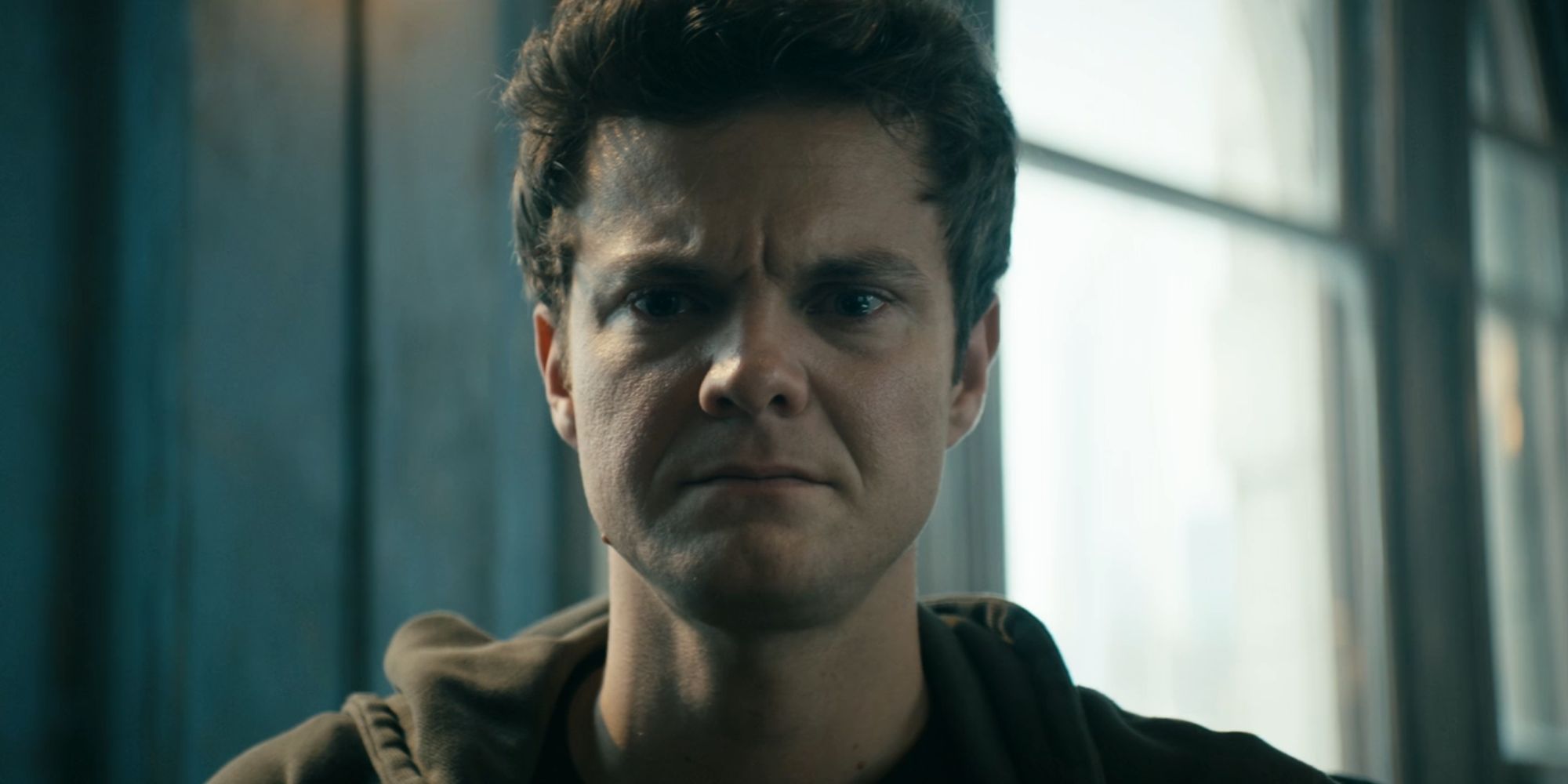 Jack Quaid looking angry as Hughie Campbell in The Boys