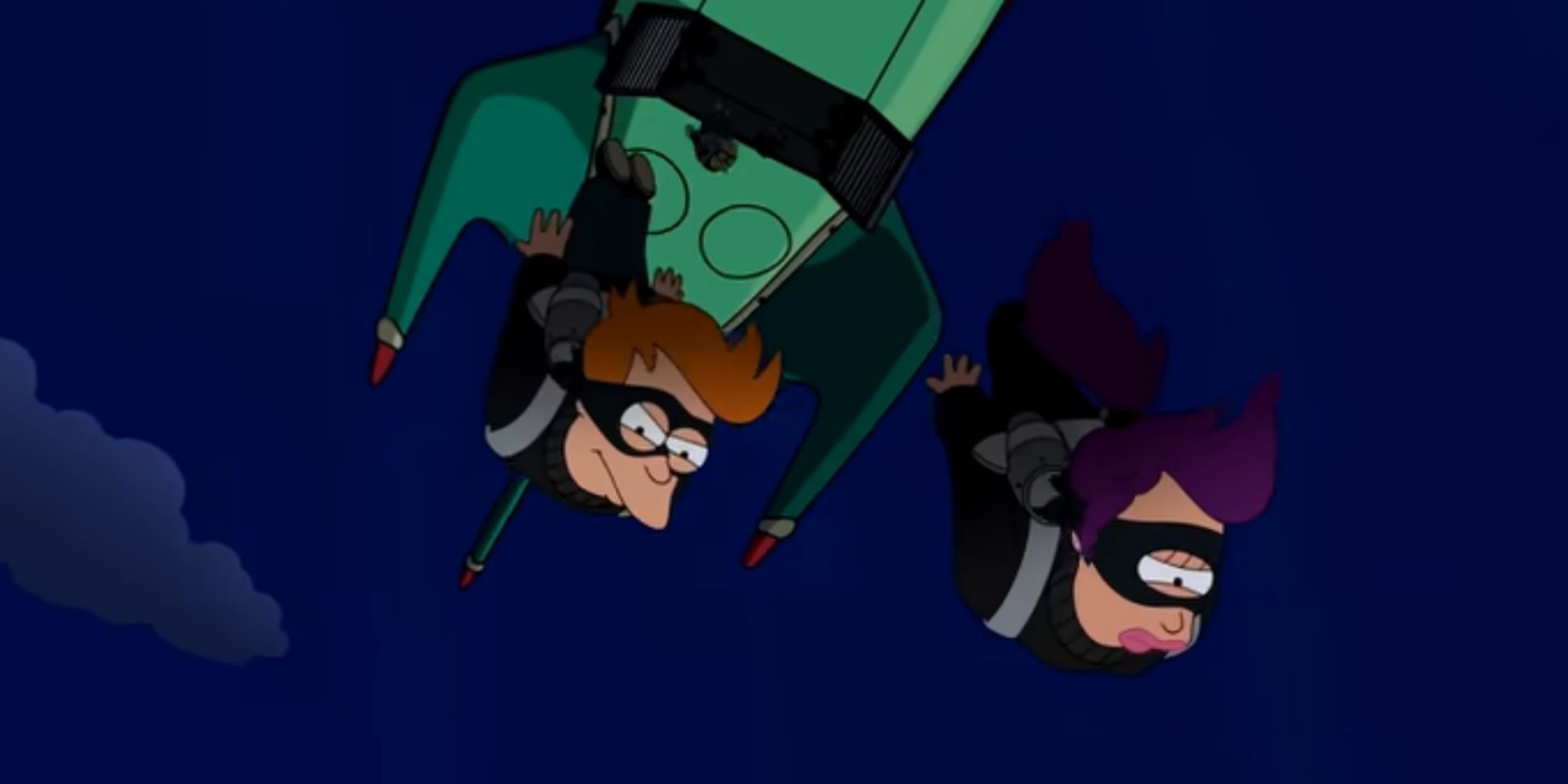 Fry e Leela saltando do navio Planet Express em Futurama