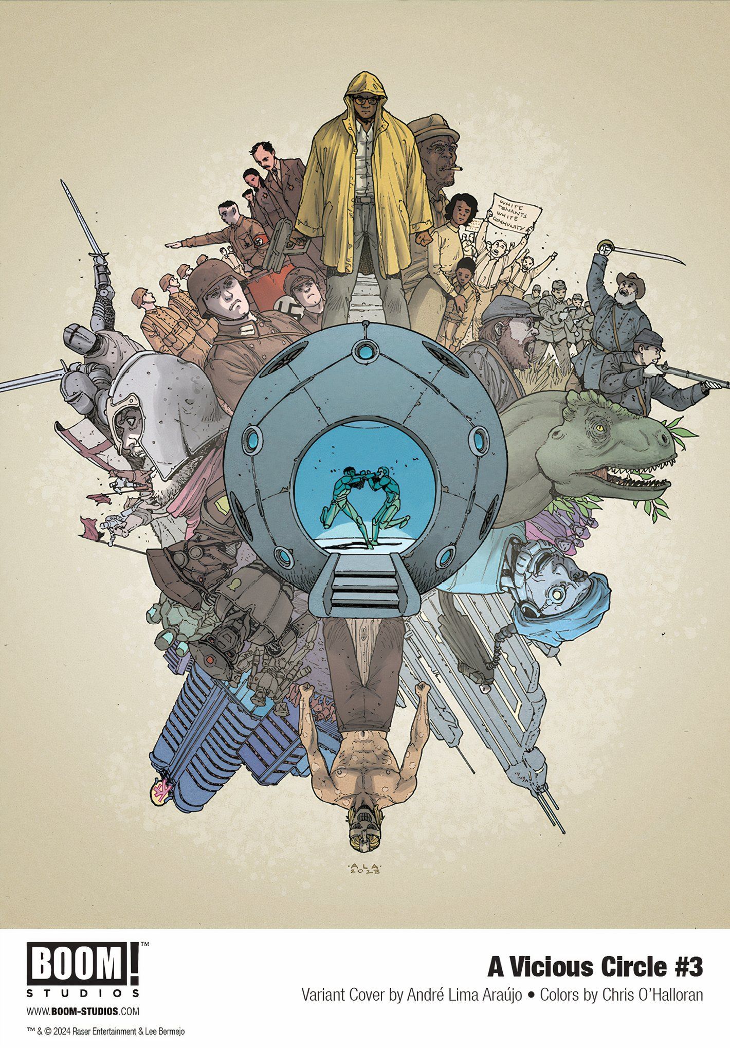 A Vicious Circle #3 variant cover, characters past, present, &amp; future surrounding a time machine.