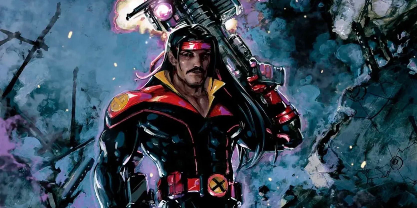 Comic book art: Forge poses with a techno-weapon on his shoulder.