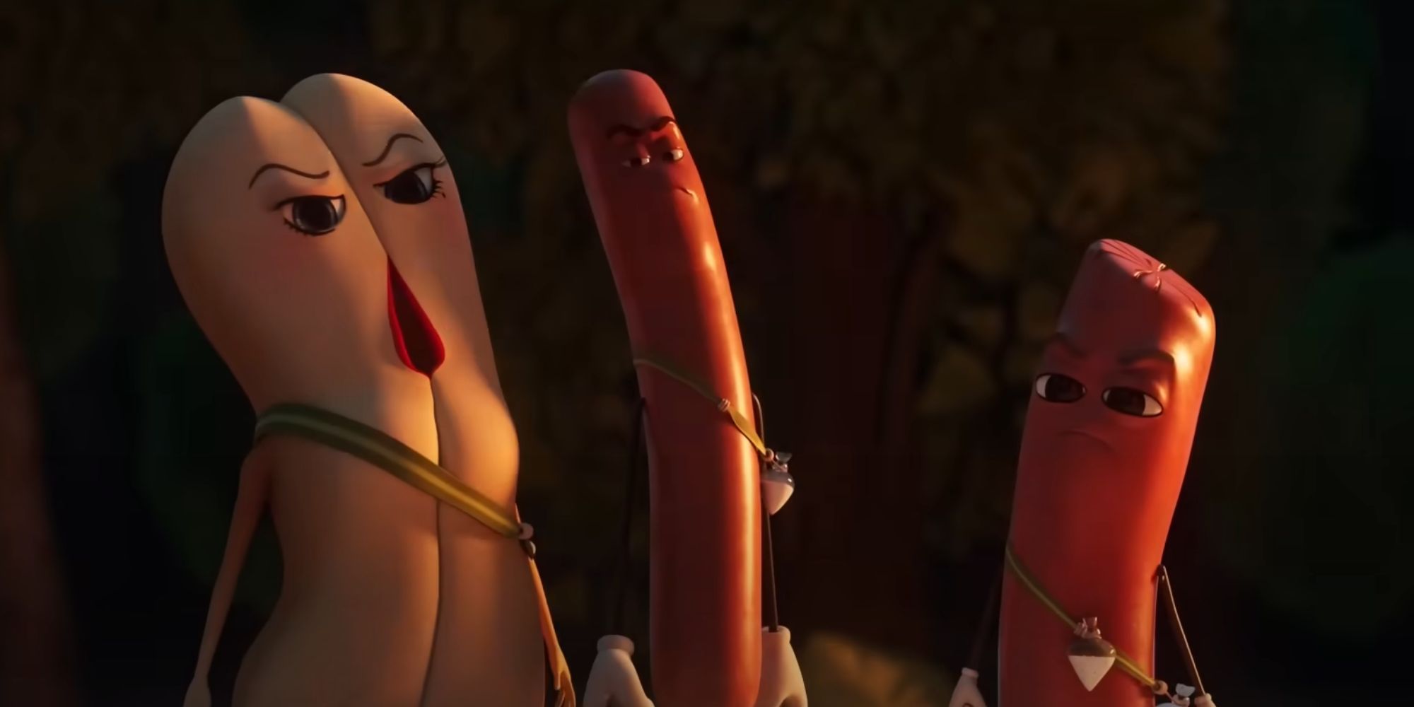Two determined sausages and a bun in the Sausage Party: Foodtopia trailer