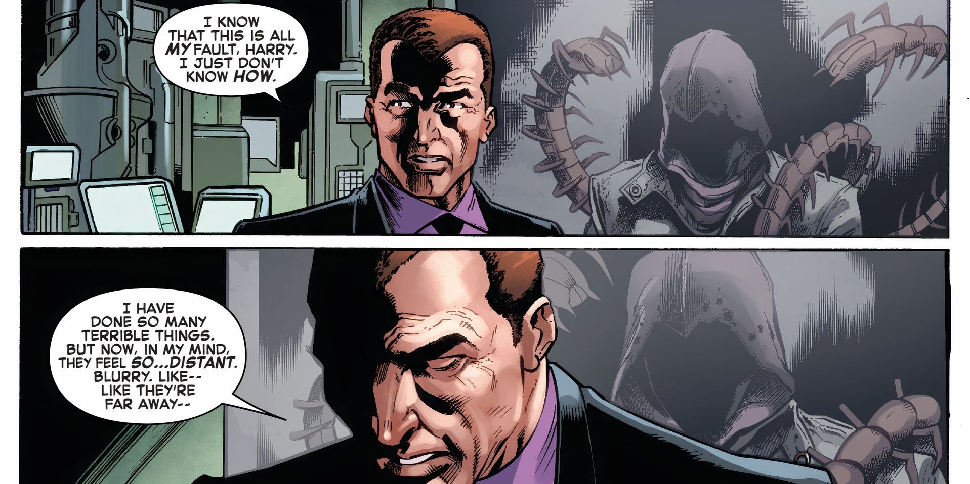 Norman Osborn, recently deprived of his wickedness, repents for his sins against his son Harry.