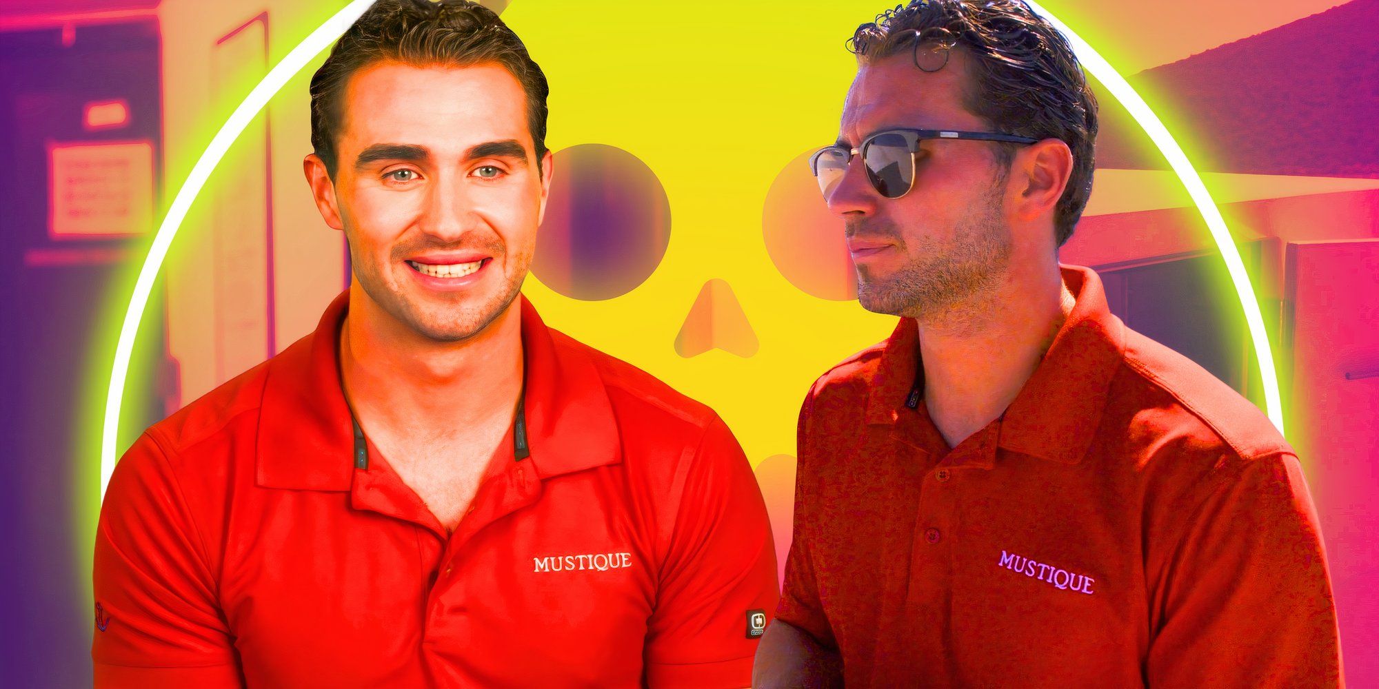 montagem de Joe Bradley em camisa vermelha Logotipo Mustique Below Deck Mediterrâneo temporada 9 com fundo rosa filtrado e caveira amarela com meio círculo amarelo neon