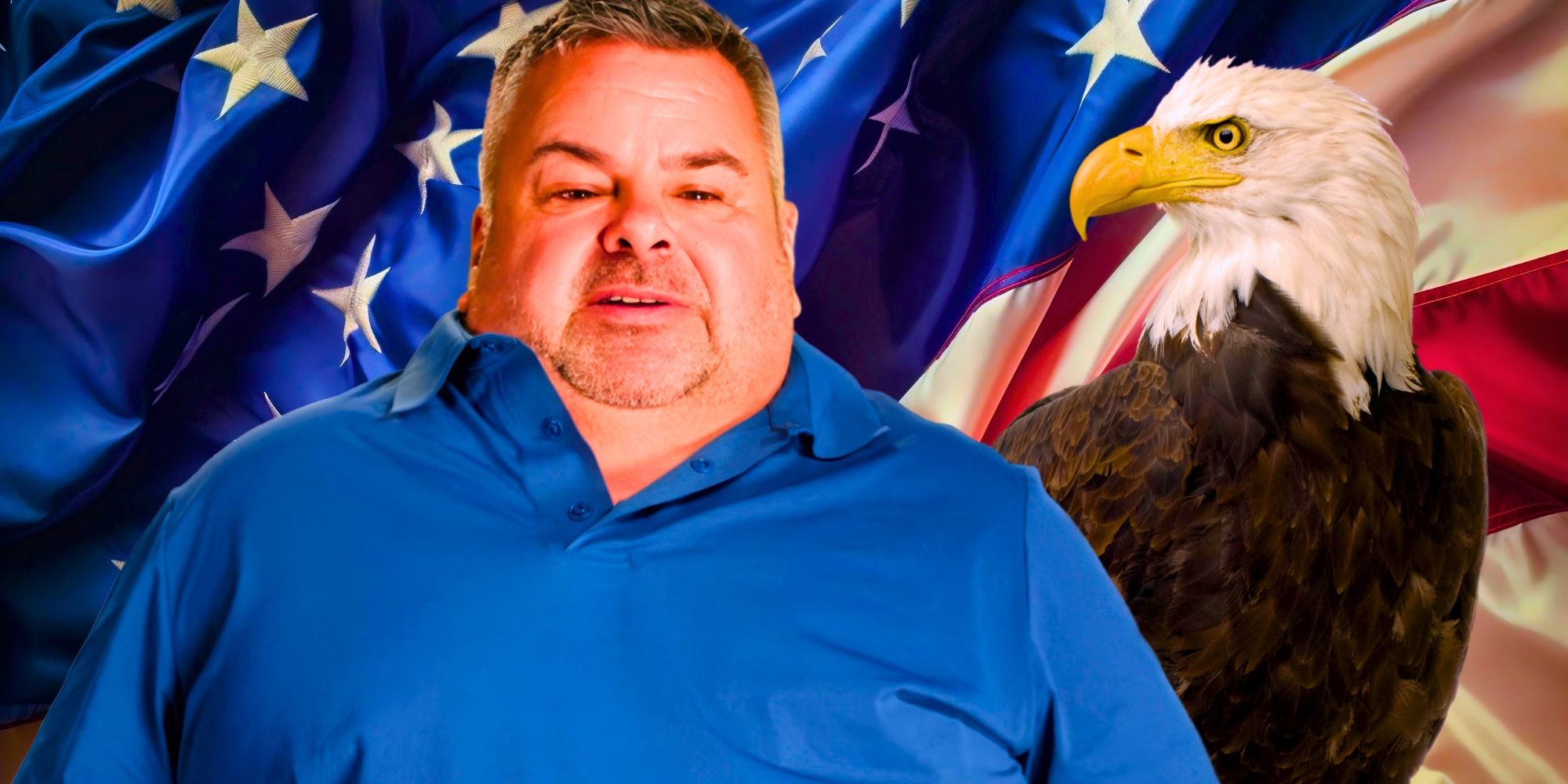 90 Day Fiancé's Big Ed Brown sits in front of an American flag and eagle.